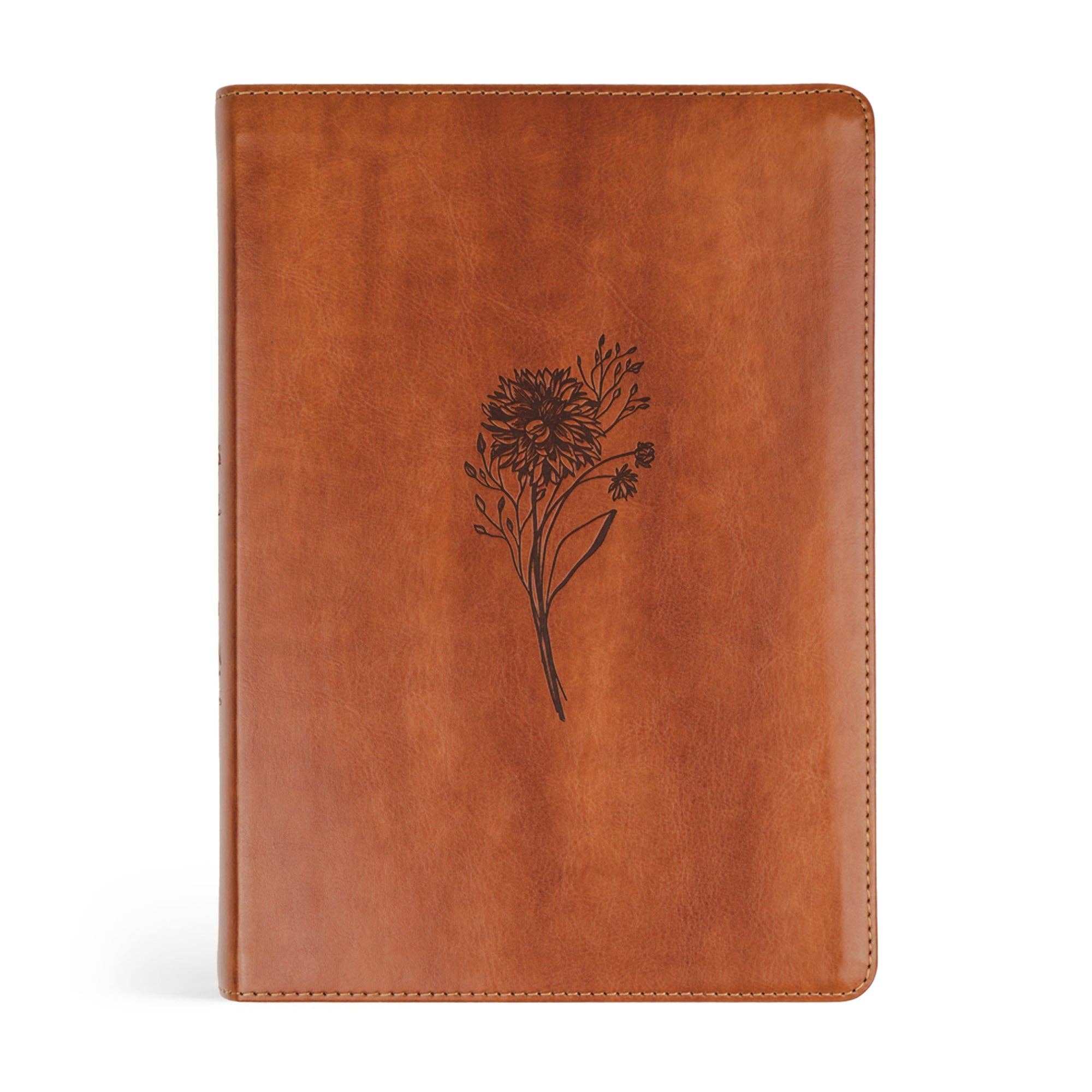 Brown leather ESV large print journaling Bible with floral embossing on a white background
