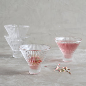 •martini glasses
•4.25" x 4.25" x 3.5"
•flared bowl
•pressed glass
•molded vertical ribs