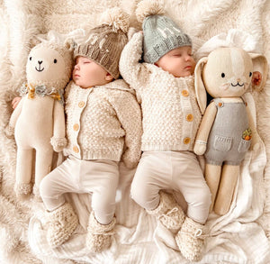 Introducing the Why Hi There Beanie - the cutest addition to any newborn's wardrobe! This blue hand knit baby beanie is complete with an adorable pom on top and is size 0-6 months. Say hello to the perfect gift for expecting parents or a precious addition to your own baby's collection. James 1:17