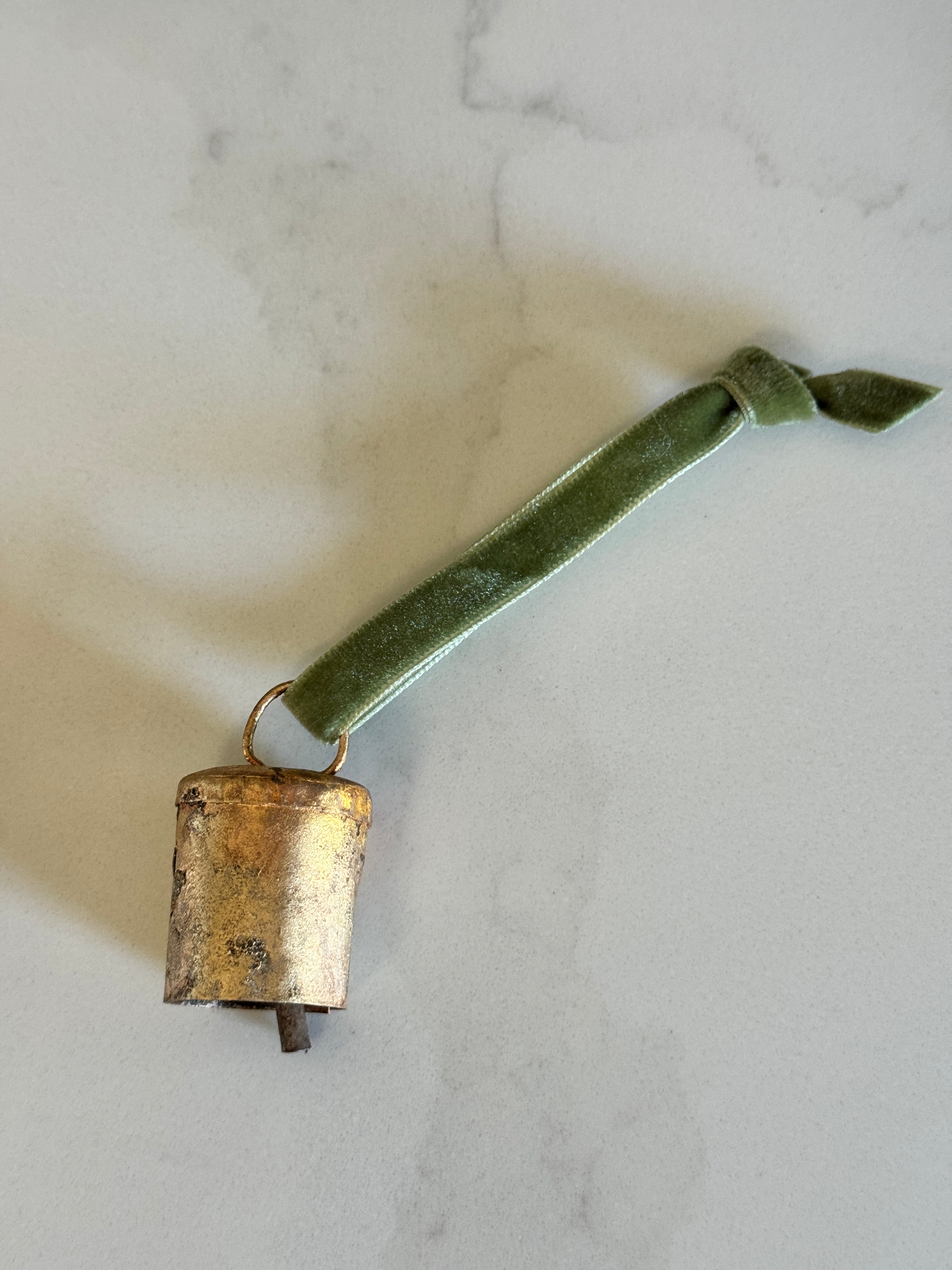 Handmade Brass Bell Ornament | Sage Velvet Ribbon