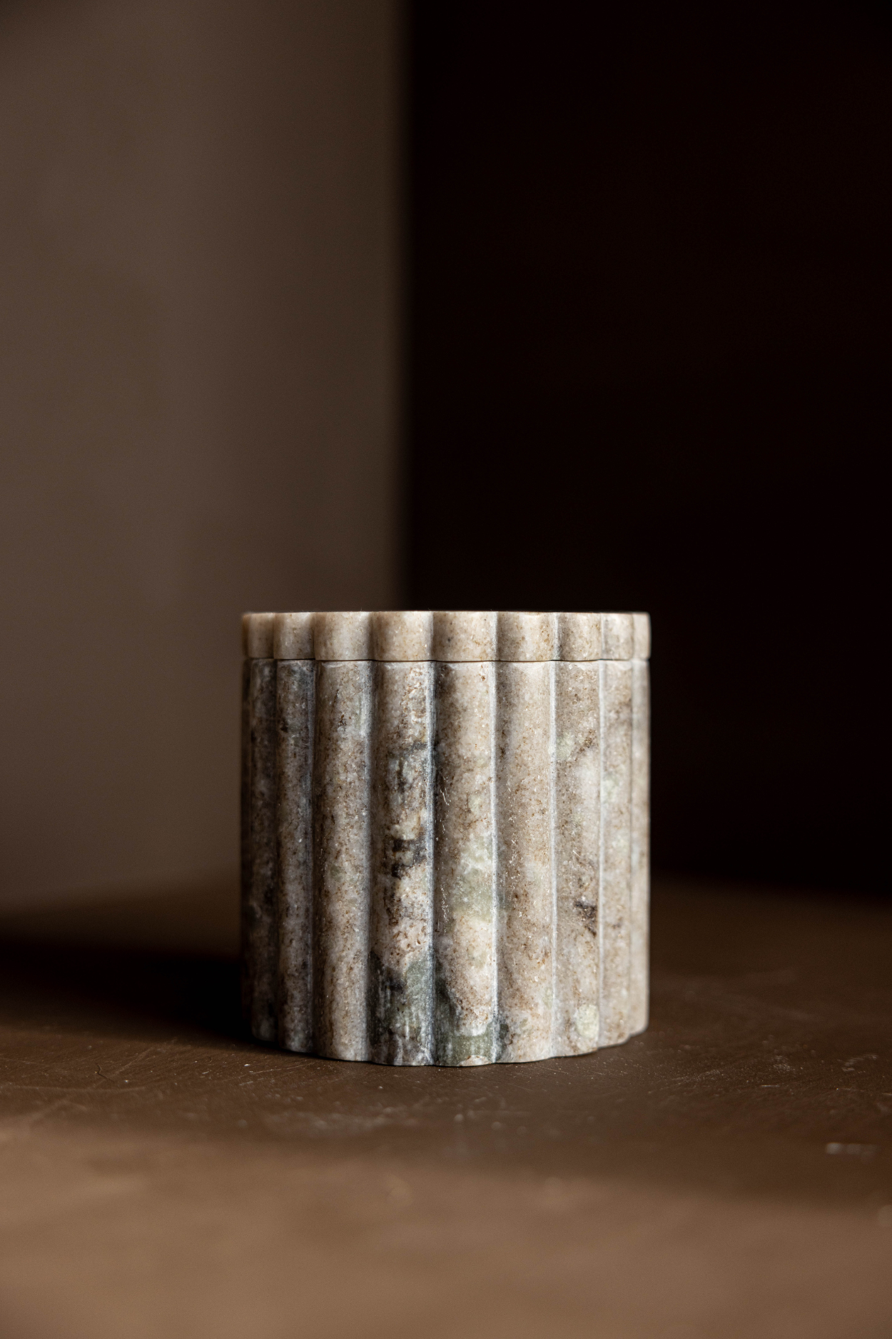 Marble Fluted Jar – Neutral Beige Stone Storage Accent