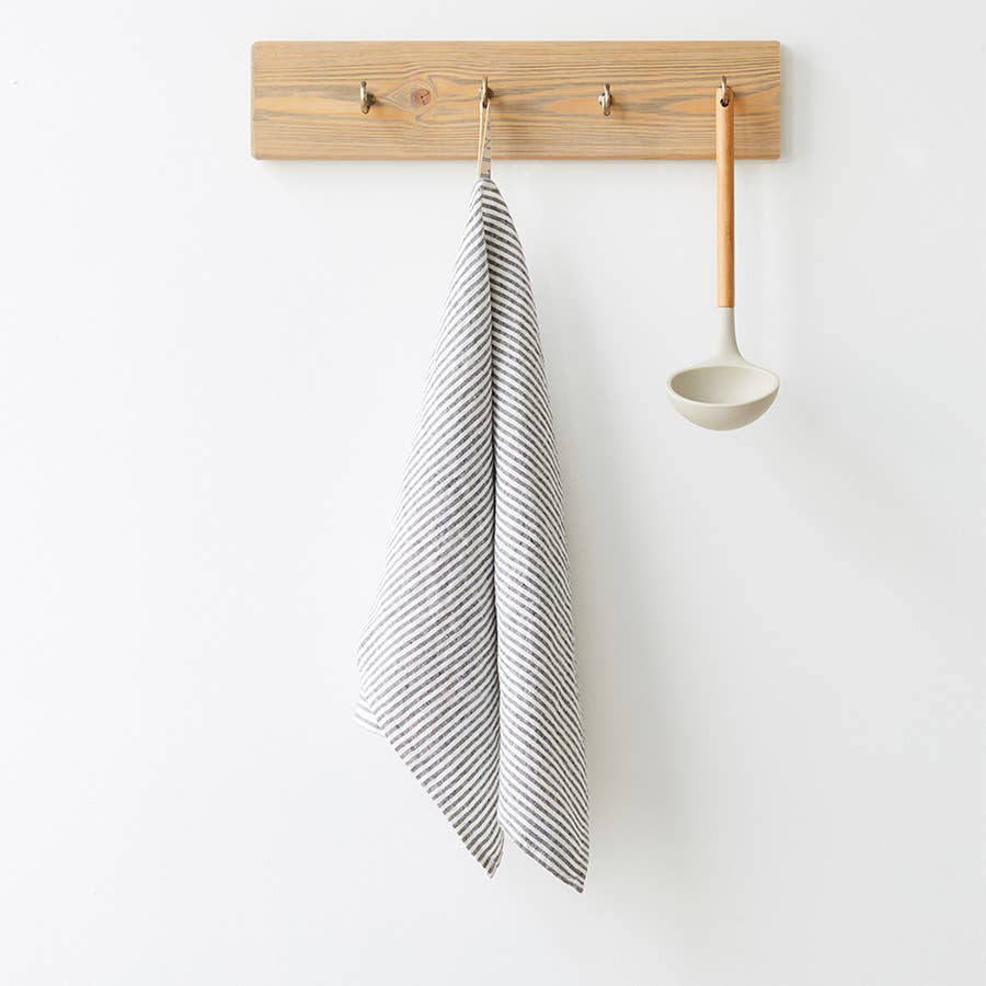 100% Linen Kitchen Towel – Thin Black Stripe, Stone Washed, OEKO-TEX & EUROPEAN FLAX Certified (18" x 26")