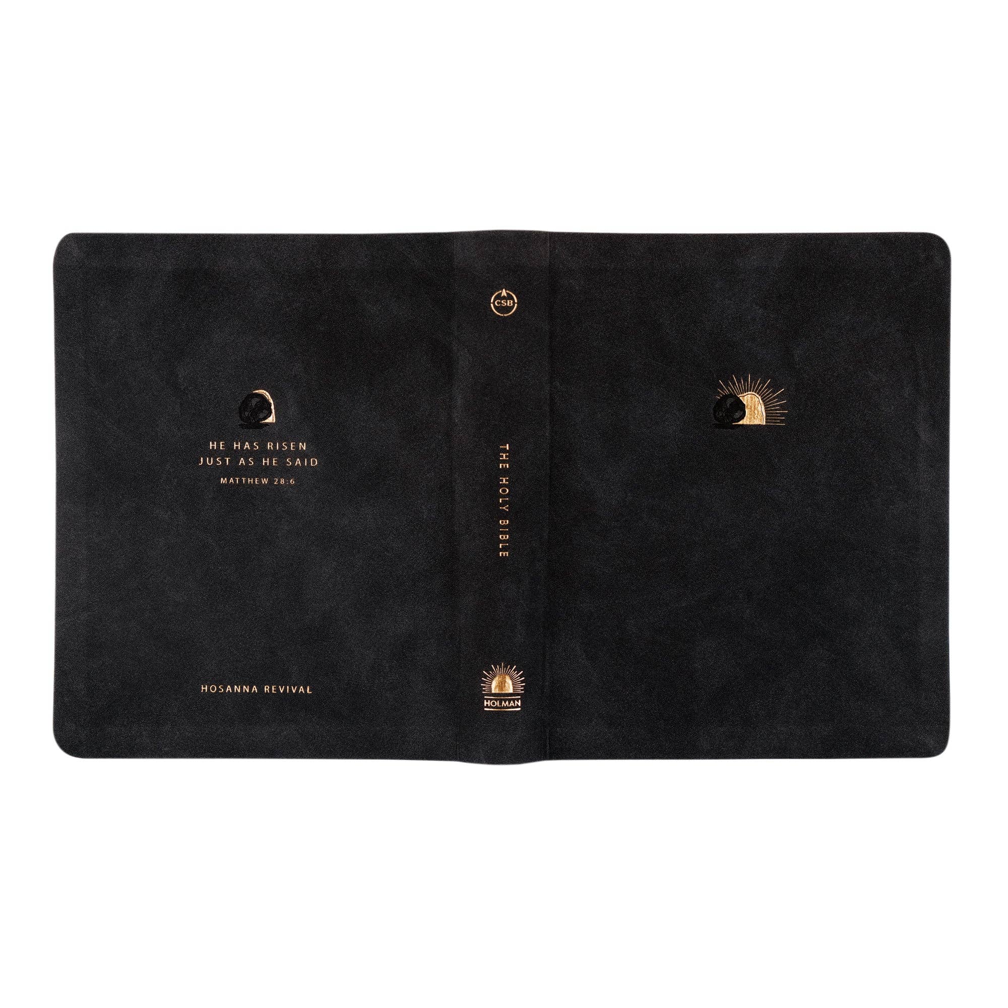 This black Bible is based on the beloved city of Jerusalem in Israel, where history unfolds in the Old and New Testaments and where the last week of Jesus’s life was spent. A gold-foiled design of Jesus’s open tomb is placed on the cover of this Bible, symbolizing his victory over death. The back of the Bible features Matthew 28:6, “He has risen just as he said,” a verse that declares the power and sovereignty of God.