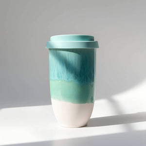 Turquoise Ombre Ceramic Travel Cup – 12oz Handmade Coffee Mug (Microplastic Free, Made in Portugal)
