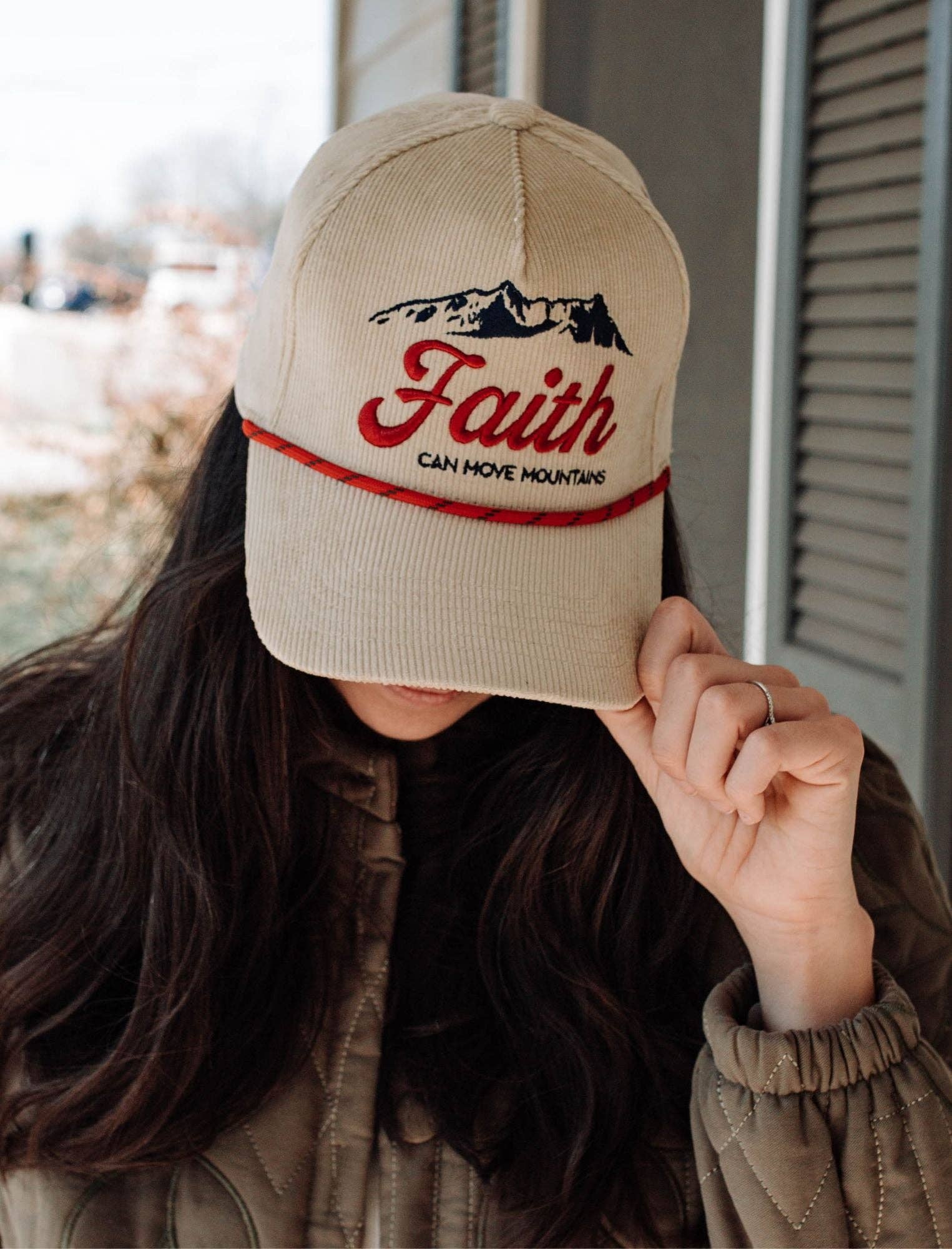 Faith Can Move Mountains Embroidered Hat – Cream Corduroy Snapback (Unisex)