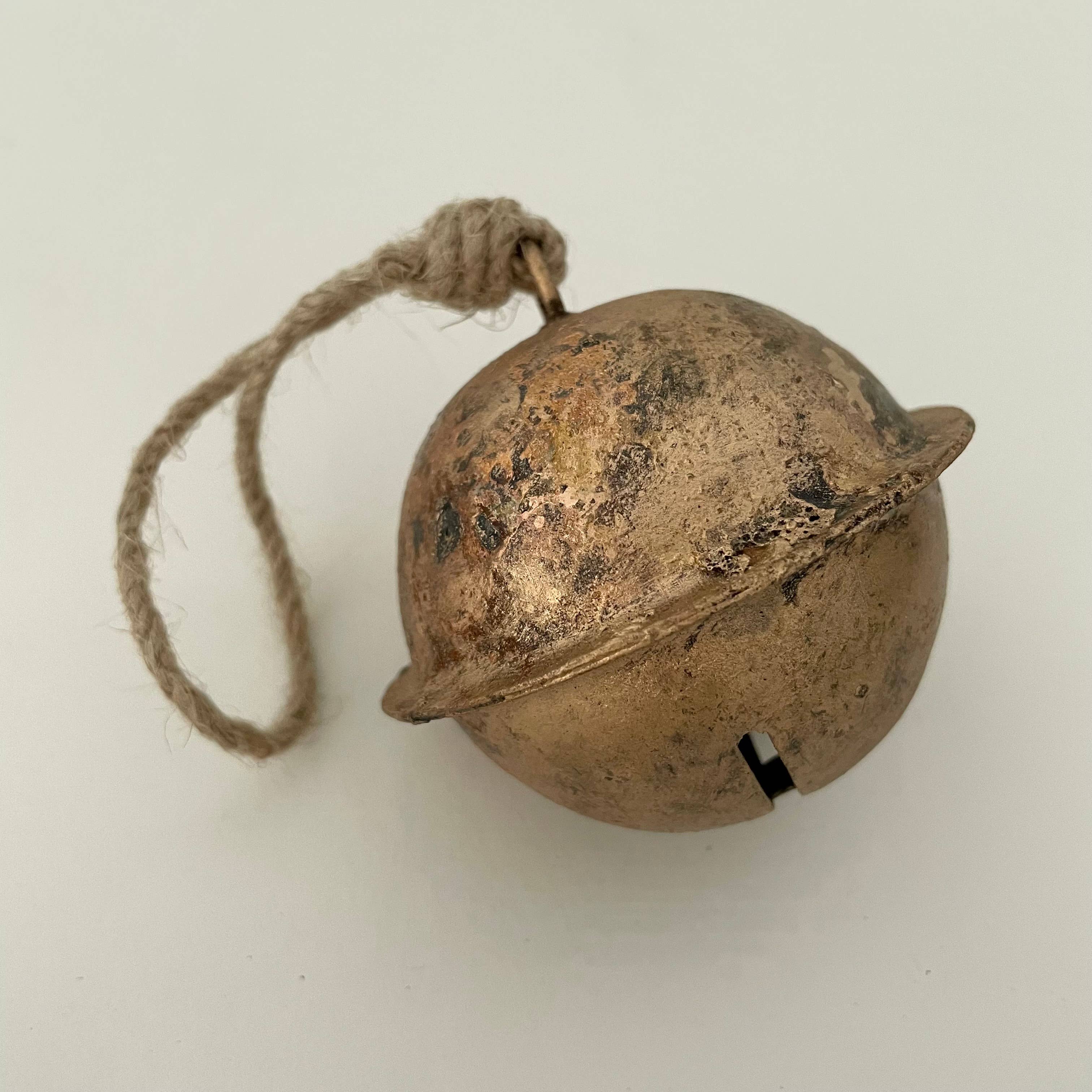 Large Brass Sleigh Bell Ornament | 3" Cross-Cut Bell on Jute Hanger