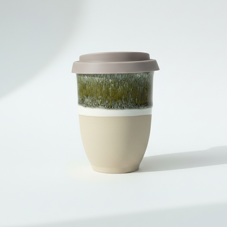 Green Ceramic Travel Cup – 8oz Handmade Coffee & Tea Mug (Microplastic-Free, Made in Portugal)