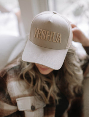 Yeshua Puff Embroidered Hat – Cream Taupe Cotton Snapback (Adult, Unisex)