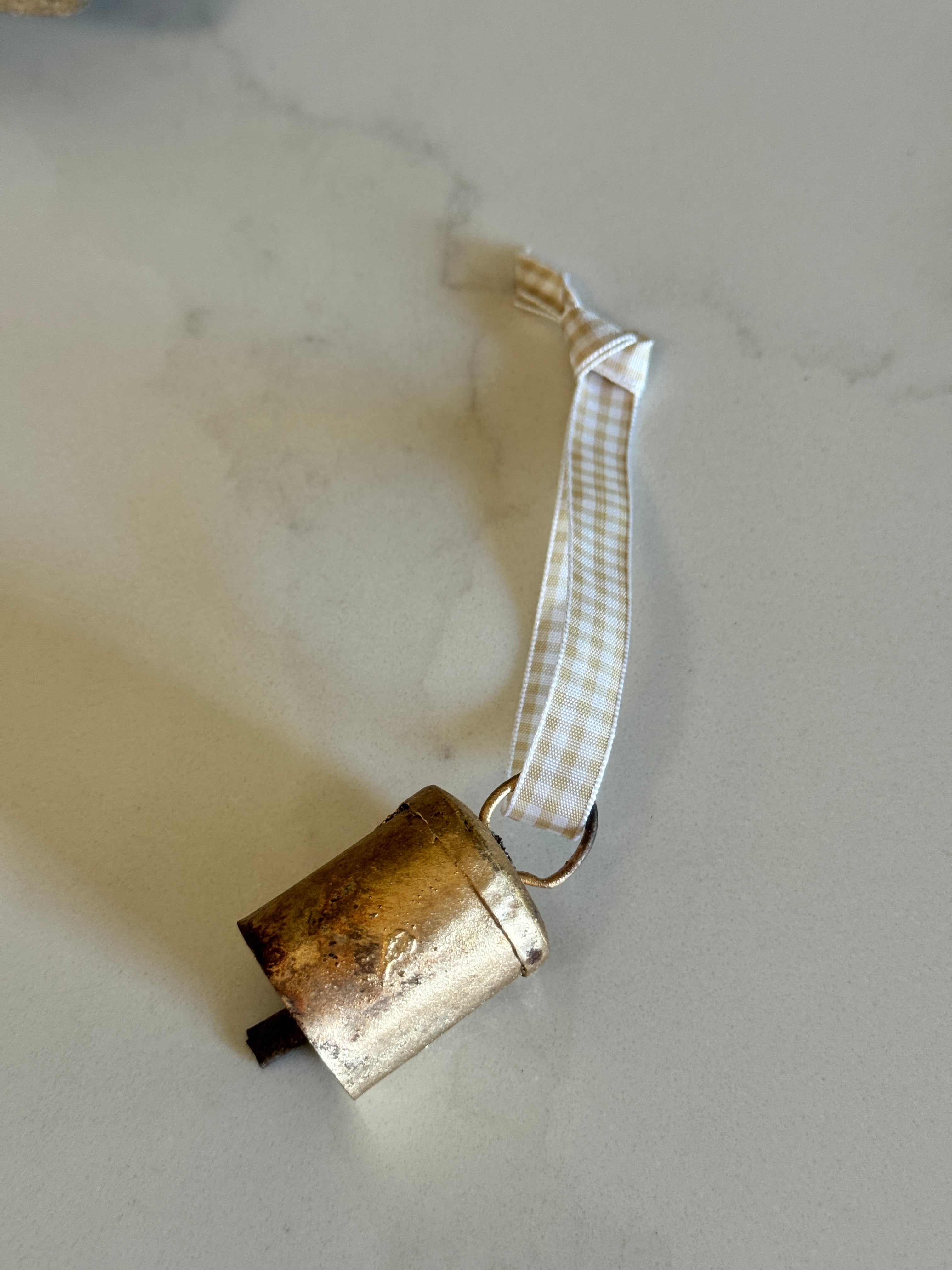 Handmade Brass Bell Ornament | Neutral Gingham Ribbon