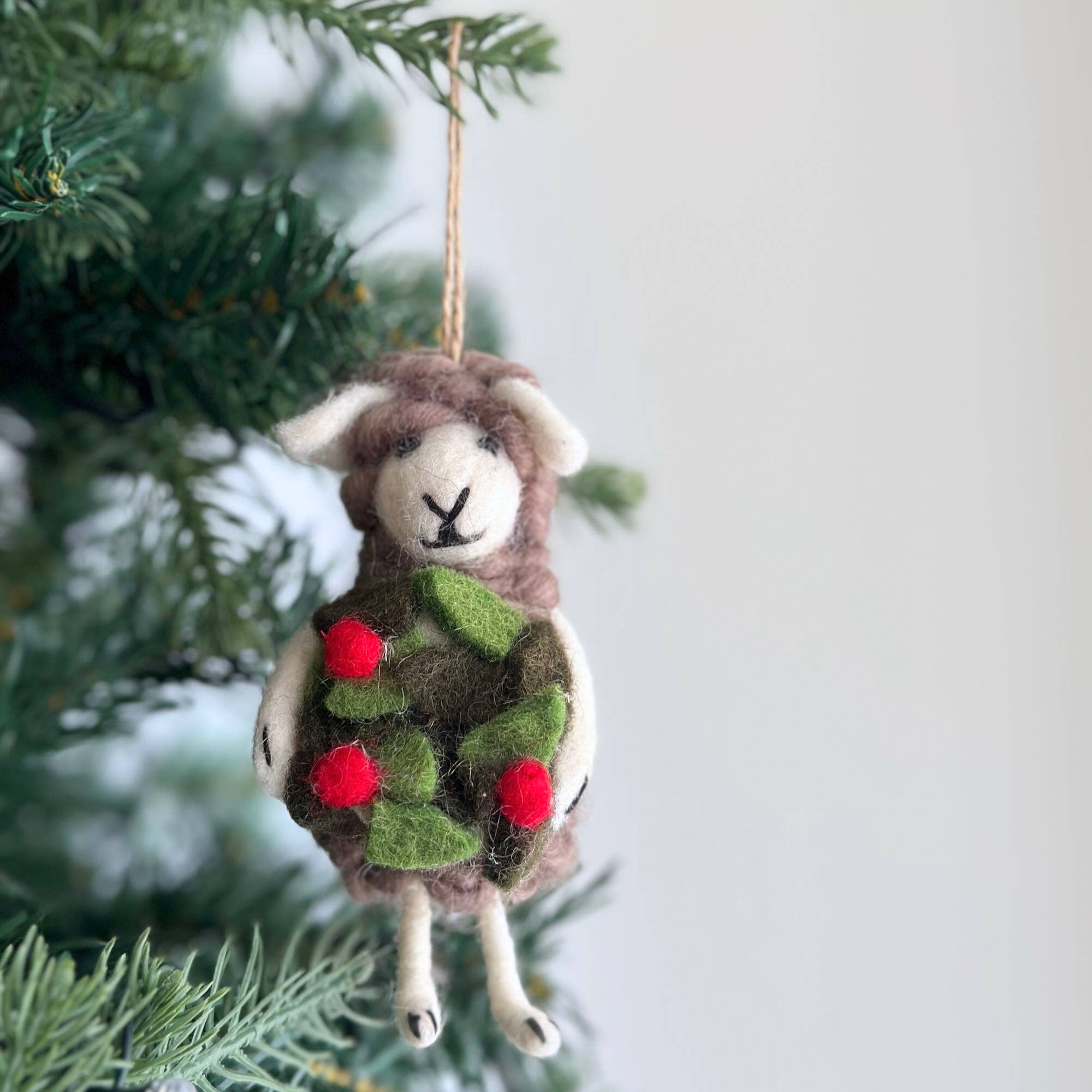 Felt Sheep Ornament with Wreath | Handmade Wool Christmas Ornament