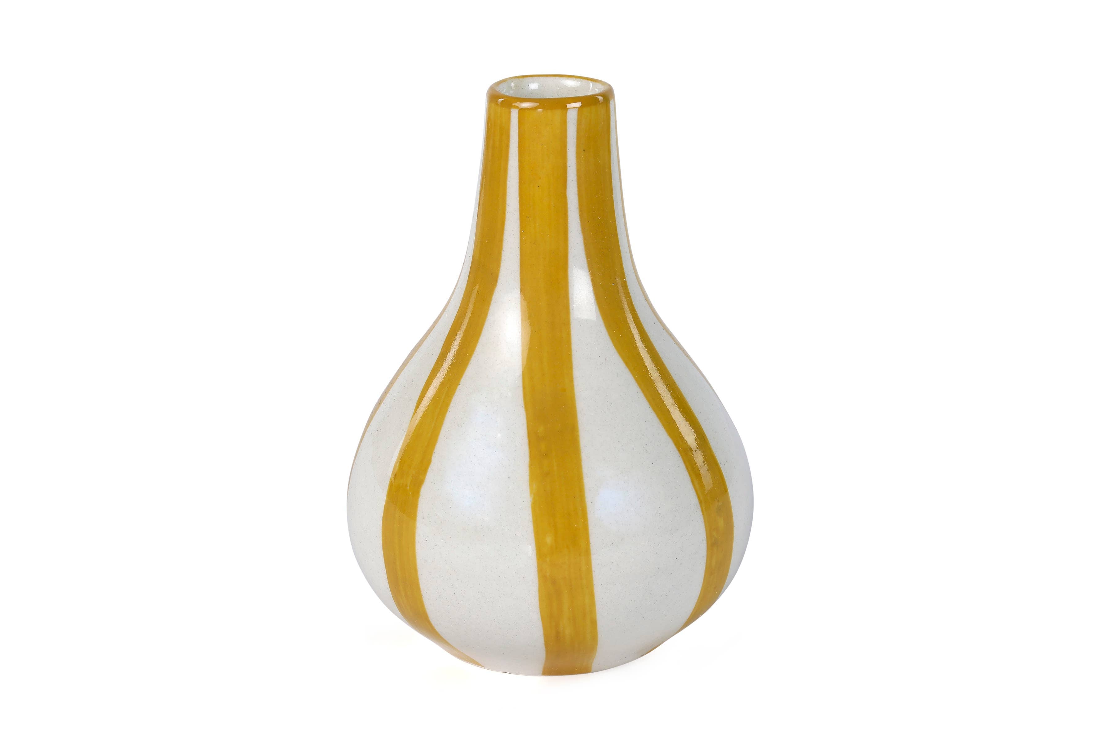 Upgrade your home decor with our vibrant yellow and white ceramic striped bud vase. This eye-catching piece is perfect for displaying flowers or as a stand-alone decoration for any room in your home.

3.5 x 3.5 x 4.75 Inches
Made in India
Use a damp soft cloth to wipe for cleaning to avoid scratches.