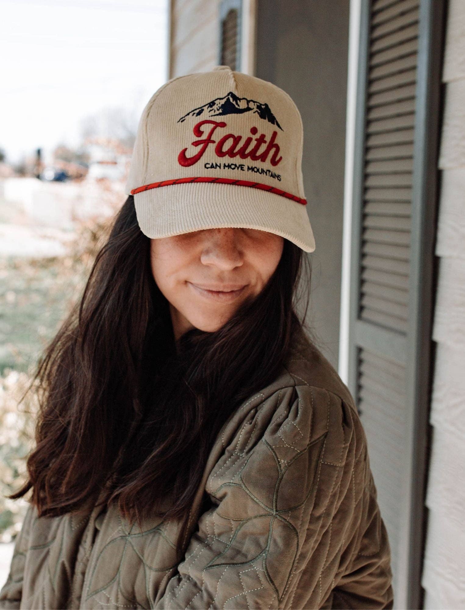 Faith Can Move Mountains Embroidered Hat – Cream Corduroy Snapback (Unisex)