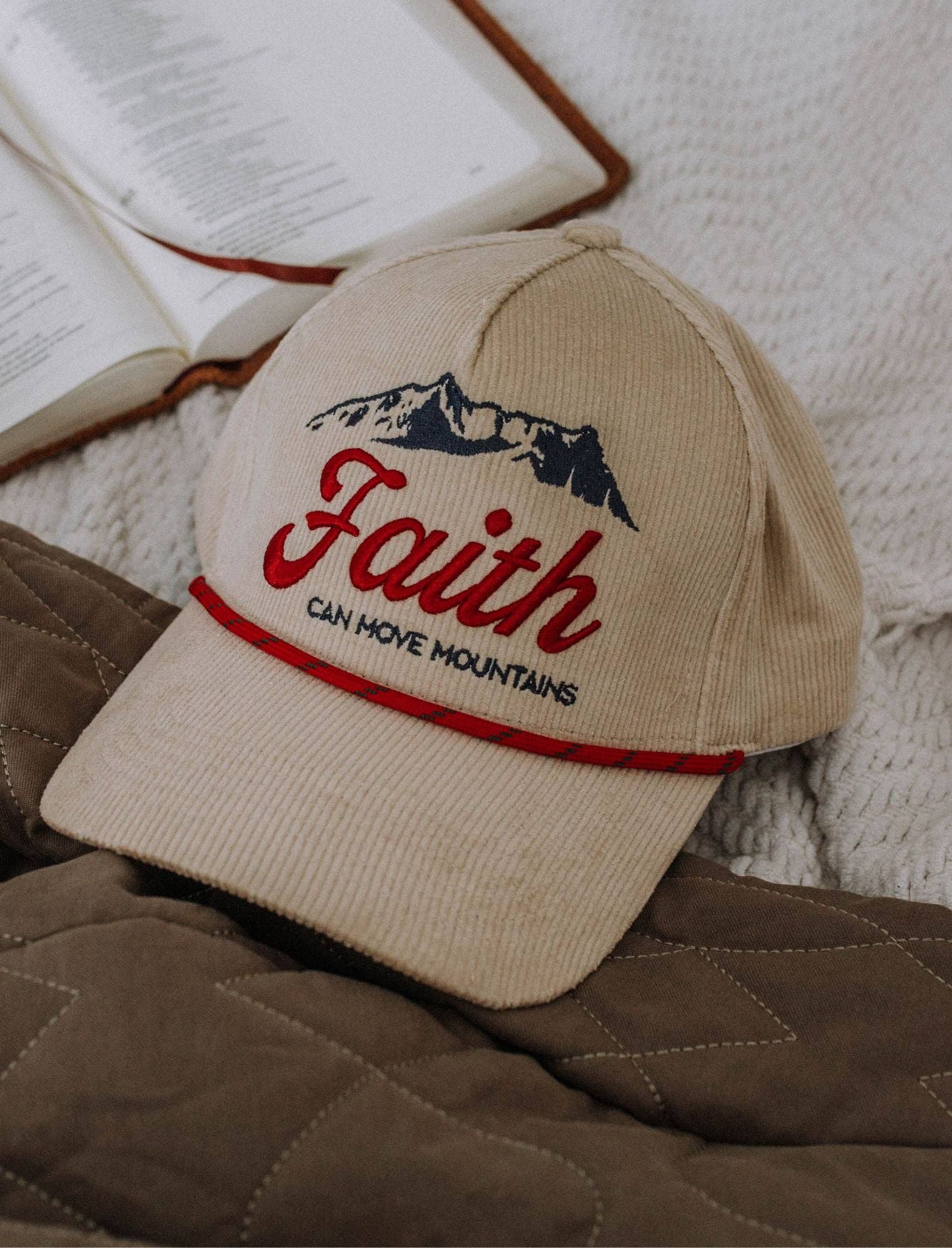 Faith Can Move Mountains Embroidered Hat – Cream Corduroy Snapback (Unisex)