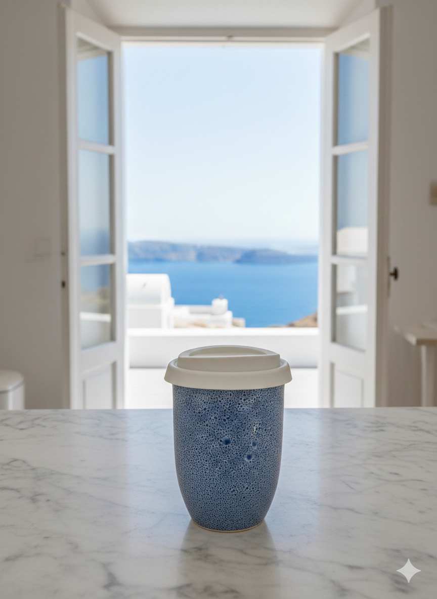 Blue Ceramic Travel Cup – 8oz Handmade Coffee & Tea Mug (Microplastic-Free, Made in Portugal)