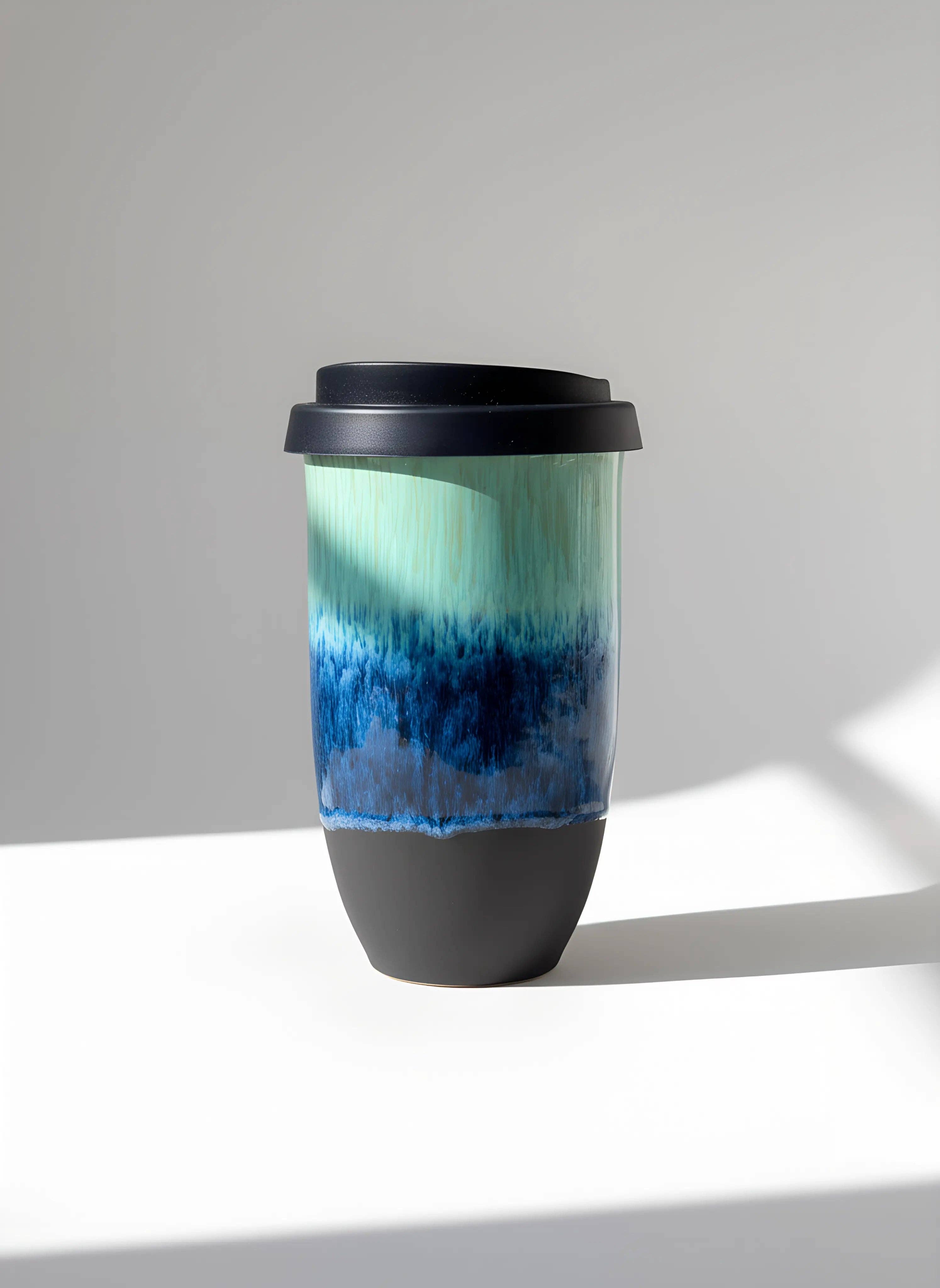Navy & Pastel Ceramic Travel Cup – 12oz Handmade Coffee Mug (Microplastic Free, Made in Portugal 